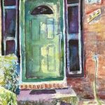 Green door original watercolor painting door